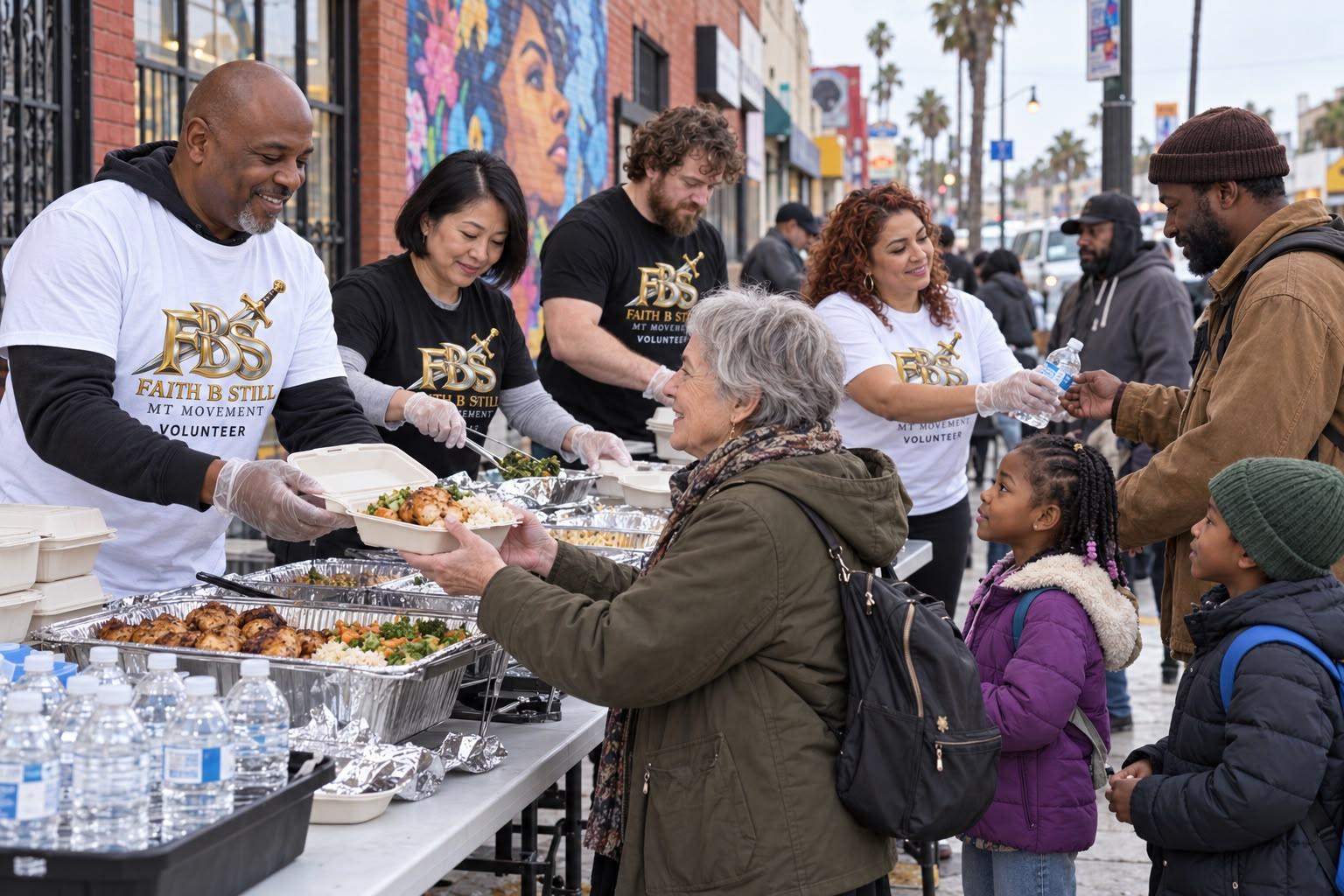 Volunteers serving hot meals in Los Angeles